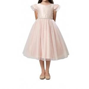 NEW SWEET KIDS shiny crystal tulle flutter sleeves satin dress in pink